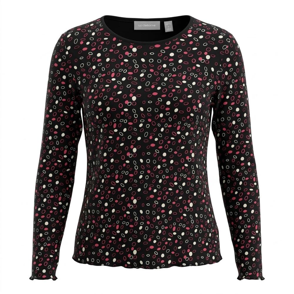 Liz Claiborne Black Floral Crew Neck Knit T-Shirt Women Petite Size P